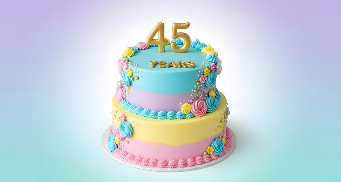 Colorful 45th birthday anniversary cake with gold candles