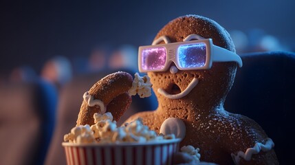 Gingerbread Man Watching Movie with 3D Glasses
