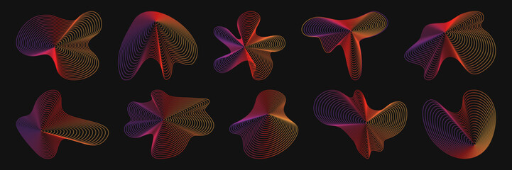 Amorphous ripple shape set with flowing gradient lines and organic wave patterns for abstract design. Colorful fluid forms with purple, red and yellow hues. Dynamic modern decorative elements