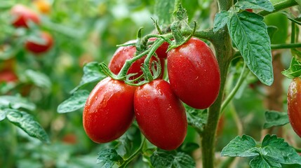 CloseUp of Red Roma Tomatoes on the Vine with Green Leaves in Garden