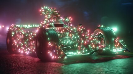 Formula One Car Covered in Christmas Lights
