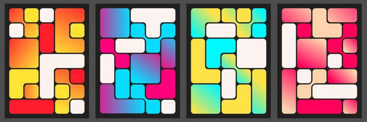 Colorful bento grid layouts with vibrant gradient blocks and rounded corners for UI design or creative projects. Rainbow arrangements with modular templates for apps, websites or visual presentation.