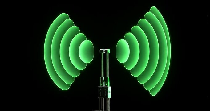 Green wireless signal waves emanating from a central source on black background