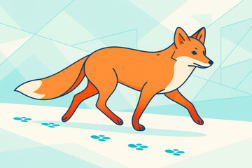 Fototapeta premium Stylized illustration of a red fox walking across snowy ground with light blue geometric background and visible paw prints behind it. Ai generative