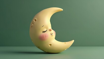 Cute 3D crescent moon rests peacefully on green backdrop. Adorable yellow moon with closed eyes, rosy cheeks, and dimples evokes sweet dreams and calm night sleep.