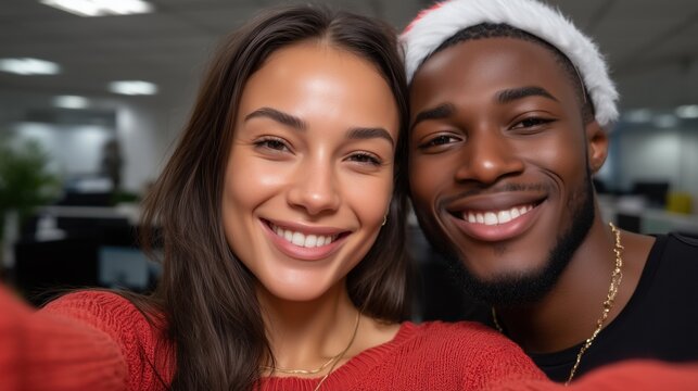 Smiling coworkers taking a cheerful selfie during a corporate New Year celebration, in a modern office setting, symbolizing teamwork and holiday spirit