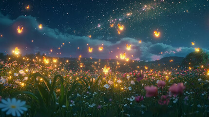 Magical luminous butterflies illuminate a vibrant wildflower meadow at twilight. Sparkling starry sky creates a dreamlike, enchanting atmosphere.