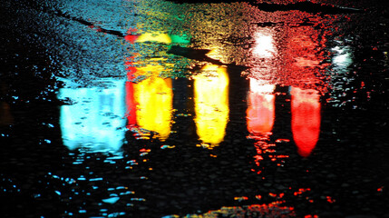 Vibrant neon lights reflect off a wet, dark city street at night. This colorful abstract scene captures urban beauty and atmospheric movement.