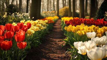 Vibrant rows of colorful tulips line a sunlit garden path. A beautiful spring scene in bloom.