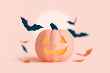 Illustration of a pumpkin with bats and a full moon in Halloween style. 