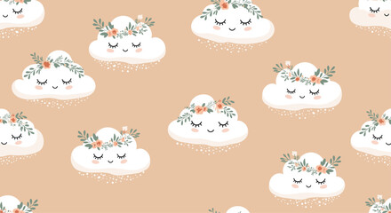 Cute smiling clouds with floral wreaths in a repeating pattern.