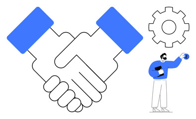 Handshake highlighting collaboration, gear symbolizing progress, person holding a document for communication. Ideal for teamwork, partnership, business deal, trust, progress, communication simple