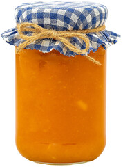 Homemade orange marmalade in glass jar with blue gingham cloth and rustic twine