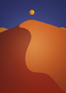 Minimalist illustration of desert dune with sun in arid sahara landscape
