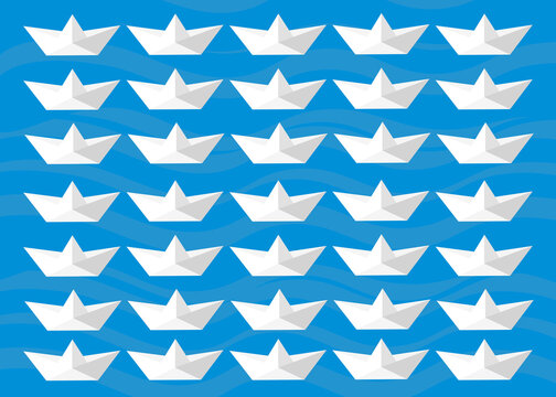 Paper boats in a pattern on blue ocean illustration background