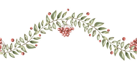A seamless border with a rowan berry cluster and branches. An isolated watercolor illustration in a folk style for interior design, home textiles, scarves, clothing, and kitchen accessories.