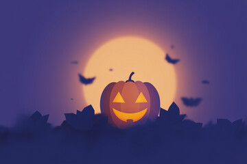 Illustration of a pumpkin with bats and a full moon in Halloween style. 