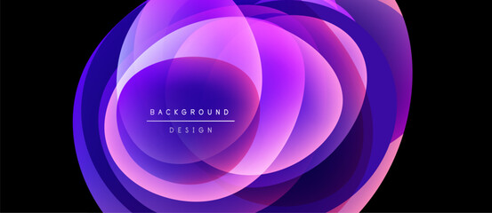 Abstract purple layers create flowing oval shapes. Design features gradients, soft edges, modern aesthetic. Background is black.