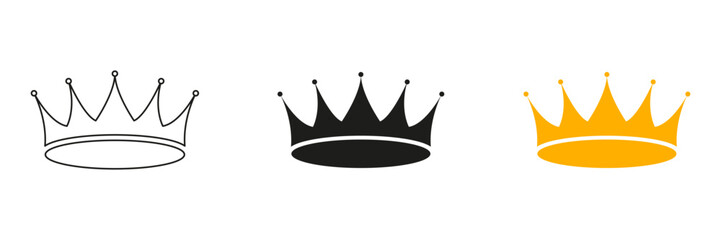 Crown Line And Solid Black And Color Icon Set. Royalty, Leadership, And Authority Symbol Outline And Silhouette Collection. Regal And Majestic Design. Isolated Vector Illustration