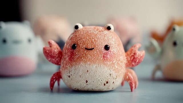 Animated crab character with joyful expression in soft pastel tones