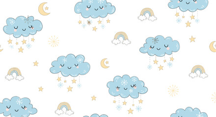 Cute sleepy blue clouds with stars and moon patterns.