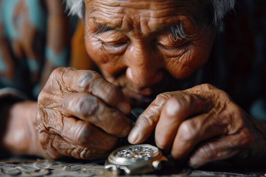 Experienced Watchmaker Examining Intricate Timepiece Mechanism with Magnifying Glass in a Precision Workshop, Generative AI - Powered by Adobe