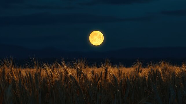 Full Moon Over Golden Wheat Field at Dusk with Dark Sky Background