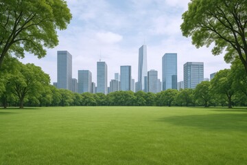 Obraz premium Cityscape Panorama: Green Meadow in Urban Park with Modern Buildings and Blue Sky Backdrop