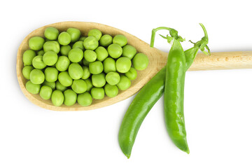 Fresh green peas in wooden spoon isolated on white background. Top view. Flat lay
