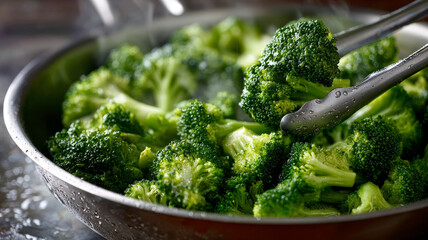 Freshly steamed broccoli in a pan with tongs, healthy meal prep.