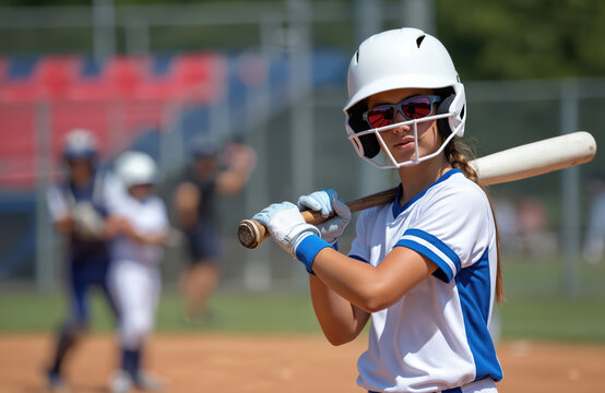 Young female softball player wearing white helmet and blue uniform prepares to bat. Girl holds baseball bat on shoulder, ready to hit ball. Other players in background on field. - Powered by Adobe