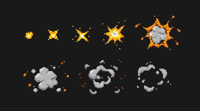 Sequential pixel explosions animation with fire bursts and smoke clouds for retro game development or sprite sheets. Flashes with debris particles. Classic 8 bit blast sequence for arcade game.