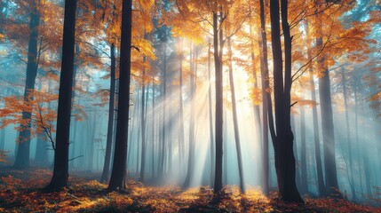 Obraz premium Enchanting Autumn Forest with Sunlight Filtering Through Trees and Fog