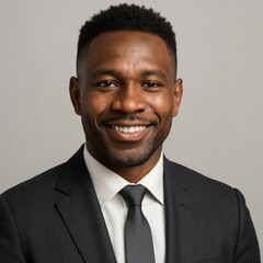 Confident smiling businessman portrait in formal suit on gray background
