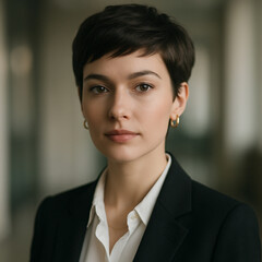 Professional woman portrait with short hair in formal business attire
