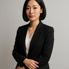 Confident asian professional woman in black suit on gray background
