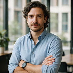 Confident professional man in light blue shirt standing in modern office
