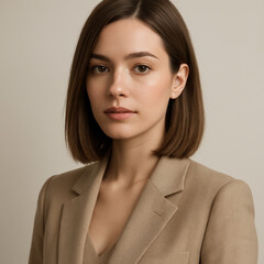 Confident woman in beige blazer formal business portrait
