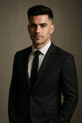 Confident businessman in dark suit standing in formal studio portrait
