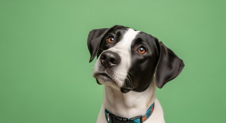 Black and white dog looking up on green screen background. Cute pet in studio for chromakey composite. Animal portrait.