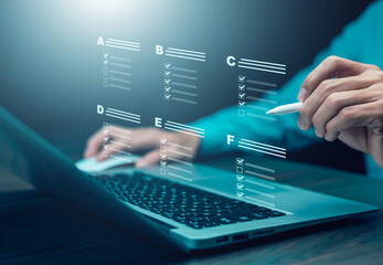 checklist and clipboard task documentation management, business people working laptop checklist...