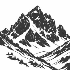 Scenic mountain range illustration, capturing the grandeur of nature, with jagged peaks, deep valleys, and a sense of aweinspiring wilderness