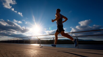 A man runs on a sidewalk near a body of water