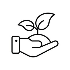 A hand holds a mound with a sprouting plant rendered as a line art icon
