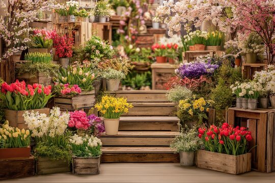 Abundant Flower Market Display with Tulips and Blossoms in a Garden Setting Ambiance