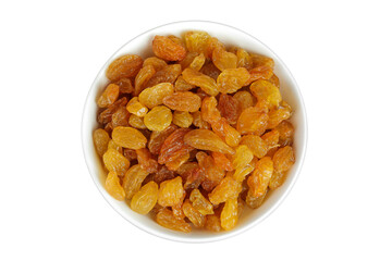 Yellow Raisins in ceramic bowl isolated on white background. Top view. Flat lay