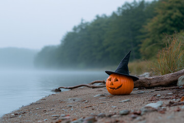 A pumpkin with a carved face wearing a witch's hat on the shore of a misty lake in Halloween style. 