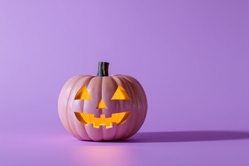 A pumpkin with a carved face on a purple background in the Halloween style. 
