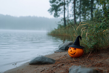 A pumpkin with a carved face wearing a witch's hat on the shore of a misty lake in Halloween style. 