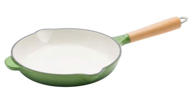 Green frying pan with wooden handle isolated on transparent background